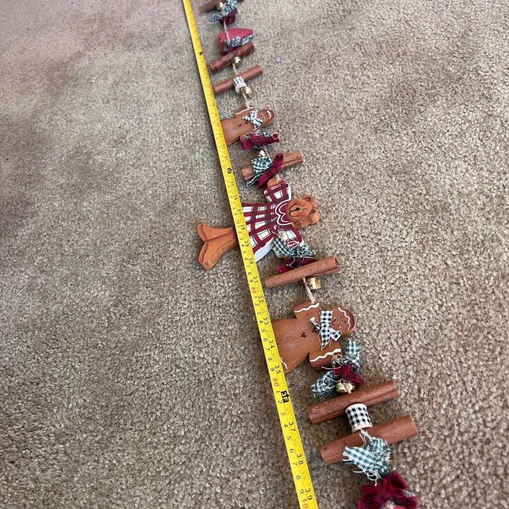 Vintage Rustic Christmas Garland Wooden Teddy Bear Gingerbread Cinnamon Sticks
